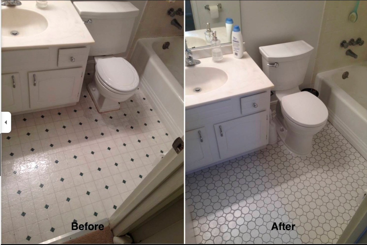 Hall Bath Floor Refit — before and after